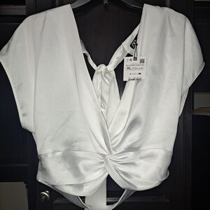 Zara white satin crop top w/back opening with bow design